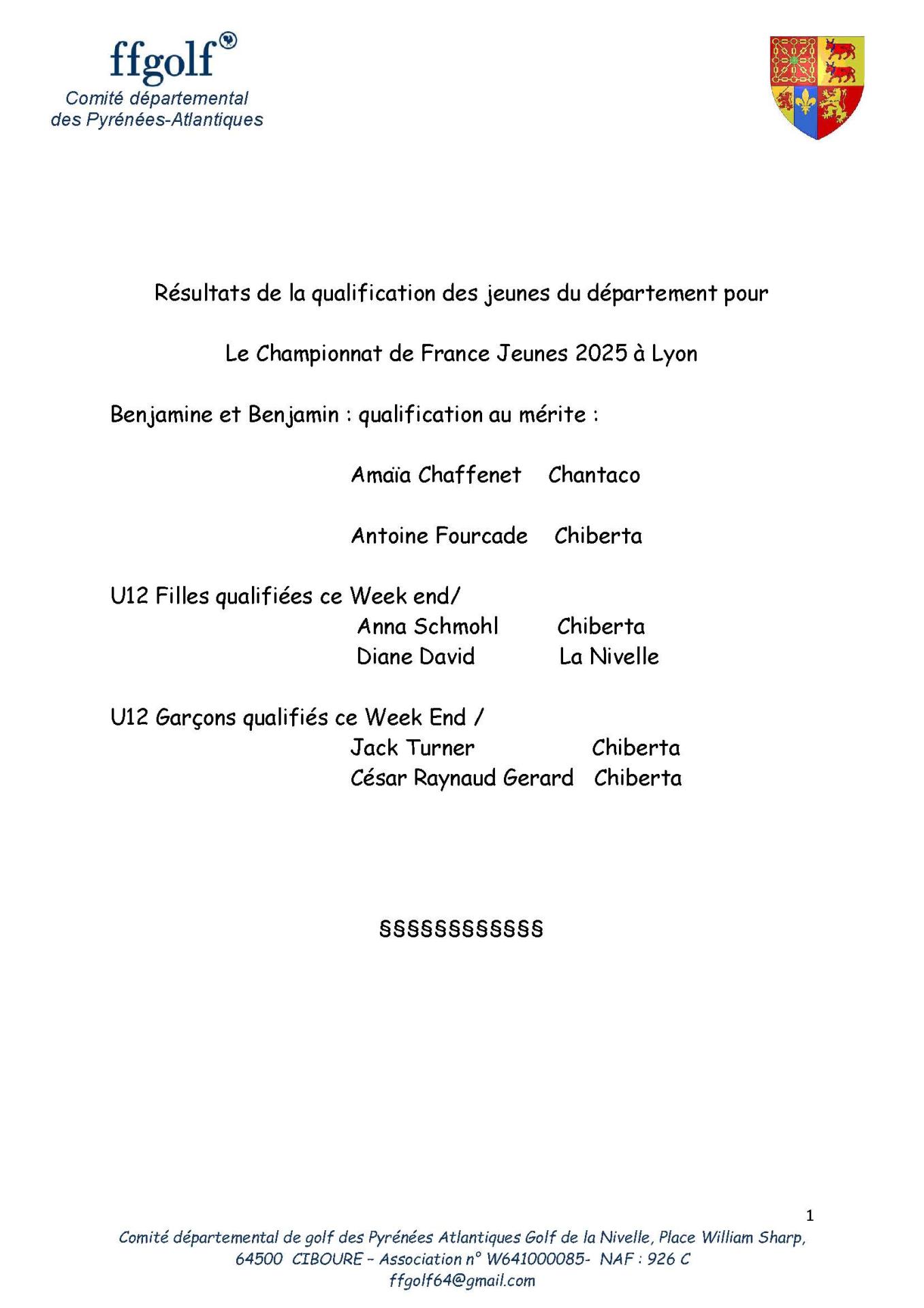Qualification championnat de france jeunes 2025
